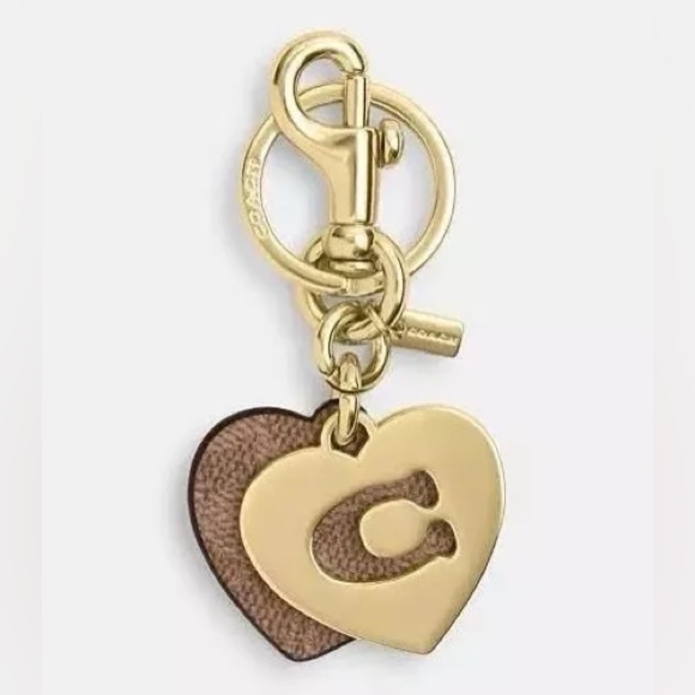 Coach Signature Hearts Key Chain Ring Charm Khaki Gold 91478